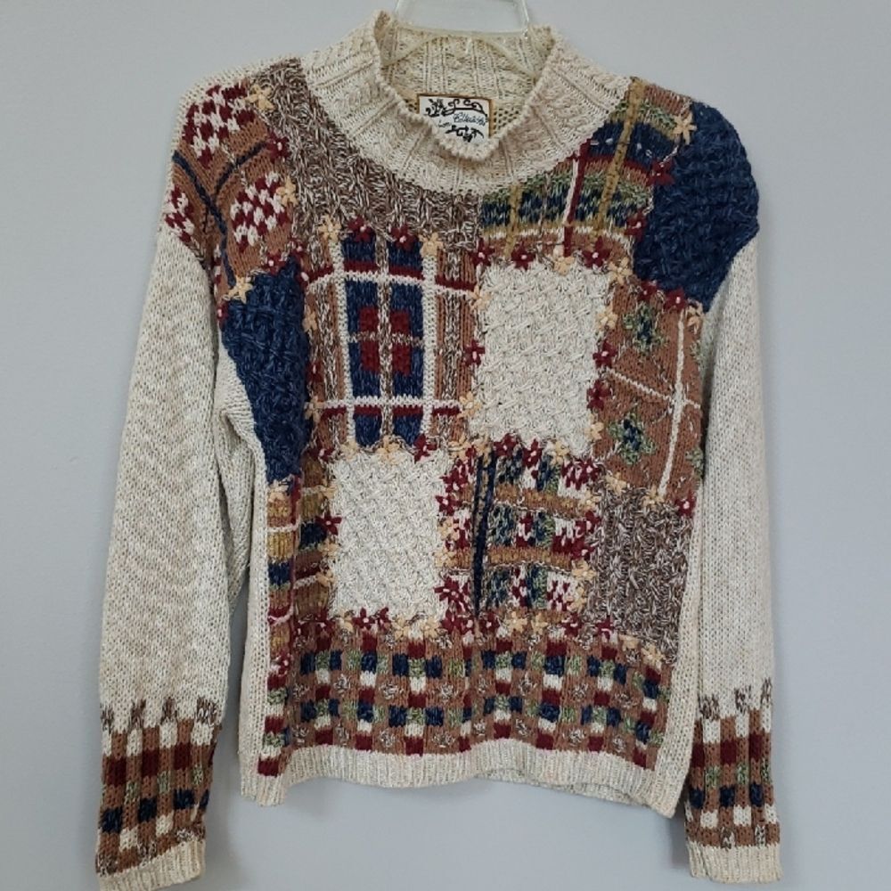 90s Heirloom Collectibles Sweater Colorful Embroidered Patchwork Coastal Grandma - Picture 1 of 6